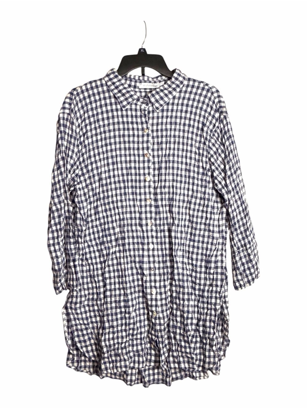Cut Loose Womens M Blue White Gingham Crinkle Button-Up Tunic Top Lagenlook